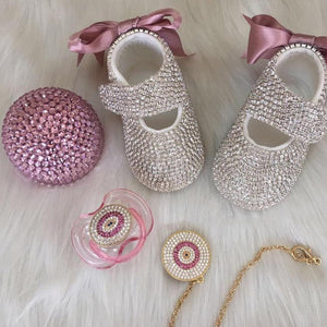 Handmade Rhinestone Crystals Bling Baby 4 pieces Pacifier & Clip + Pacifier Box + Shoe & HeadbandSet - Bling Bling Babies