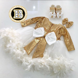 Lentejuelas de cumpleaños doradas con tul blanco esponjoso para niña, hermoso vestido de tutú