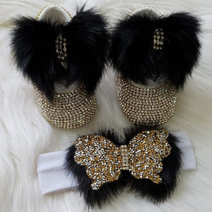 Handmade Cute Bling Baby Fur Shoes and Headband