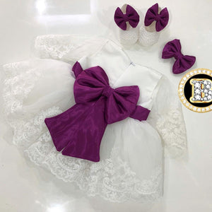 Bling Purple Bow White Baby Girl Dress