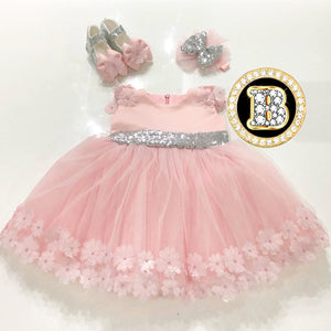 Flower Pink Girl Dress with Silver Bow Baby Shower Dress