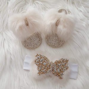 Handmade 2 piece Crystals Cute Bling Baby Fur Shoes and Headband - Bling Bling Babies