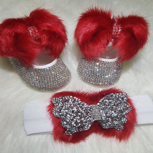 Handmade 2 piece Crystals Cute Bling Baby Fur Shoes and Headband - Bling Bling Babies