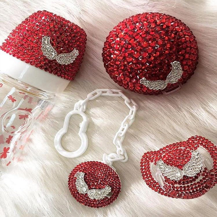 Handmade Rhinestone Crystals Bling Baby 4 pieces Pacifier & Clip + Pacifier Box + Bottle Set - Bling Bling Babies