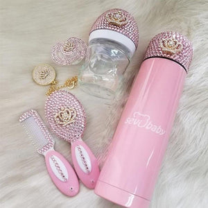 Handmade Rhinestone Crystals Bling Baby Pacifier & Clip + Bottle + Thermo Bottle + Hair Brush Set - Bling Bling Babies