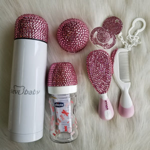 Handmade Rhinestone Crystals Bling Baby Pacifier & Clip + Pacifier Box + Bottle + Thermo Bottle + Hair Brush Set - Bling Bling Babies