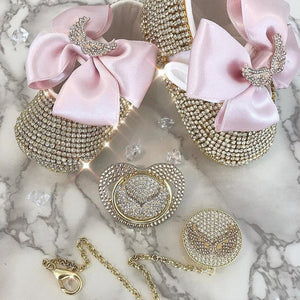 Handmade Rhinestone Crystals Bling Baby Pacifier & Clip + Shoe & Headband Set - Bling Bling Babies