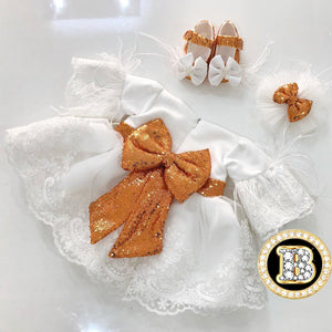 Long Sleeve White with Gold Bow Baby Dress