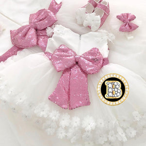 Big Pink Bow White Flower Girl Dress