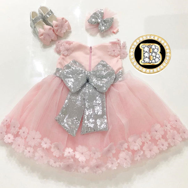 Flower Pink Girl Dress with Silver Bow Baby Shower Dress