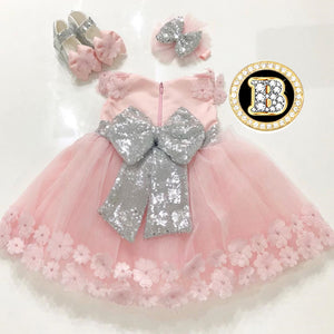 Vestido de niña de flores rosa con lazo plateado vestido de baby shower