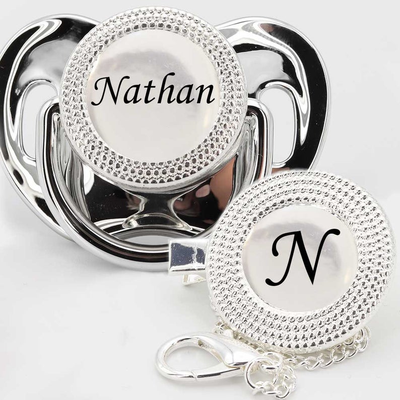 Metallic Gold and Silver Color Custom Pacifier with Personalized Baby Name Gift Set with Clip Without Crystals